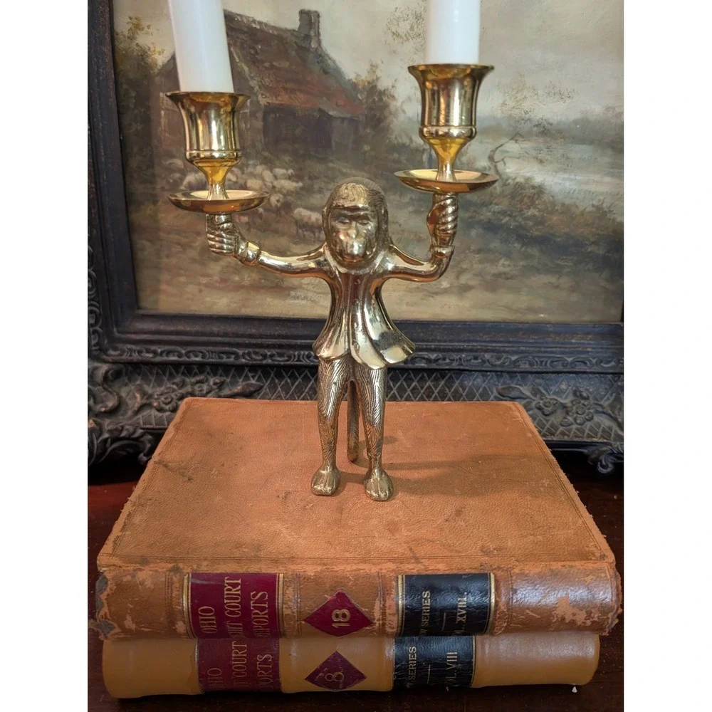 Vintage Brass Monkey Candelabra Double Arm Taper Candle Holder India 8x6
